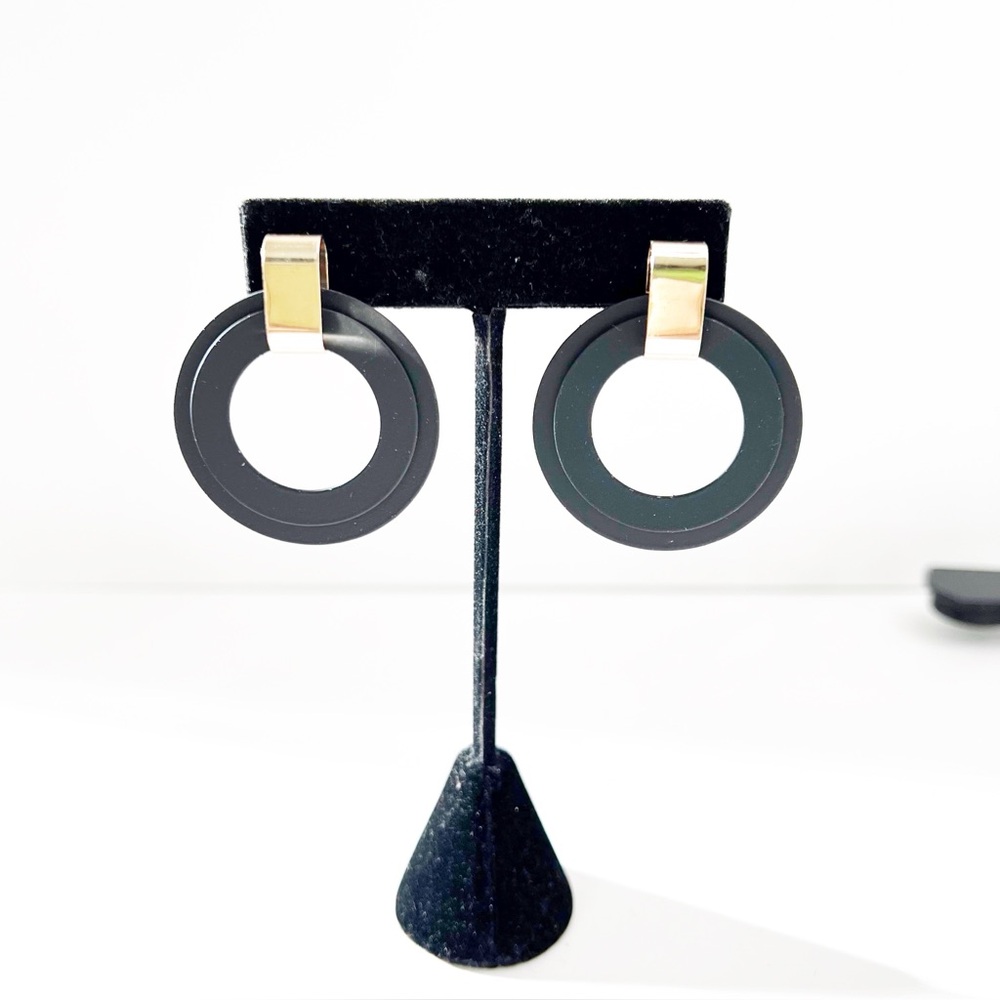 Bold Black & Gold Hoop Drop Earrings - Modern Minimalist Statement